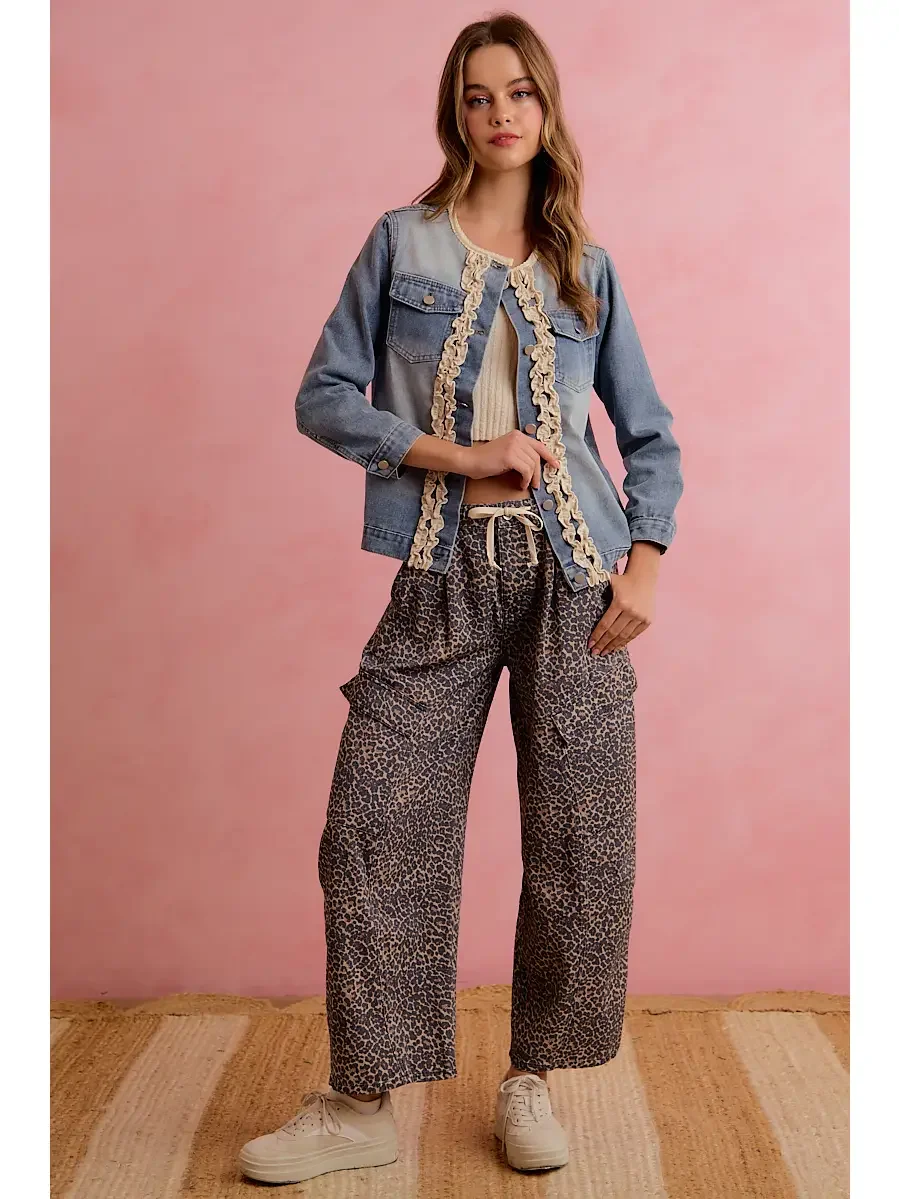 Barrel Pants with Cargo Pockets-Leopard