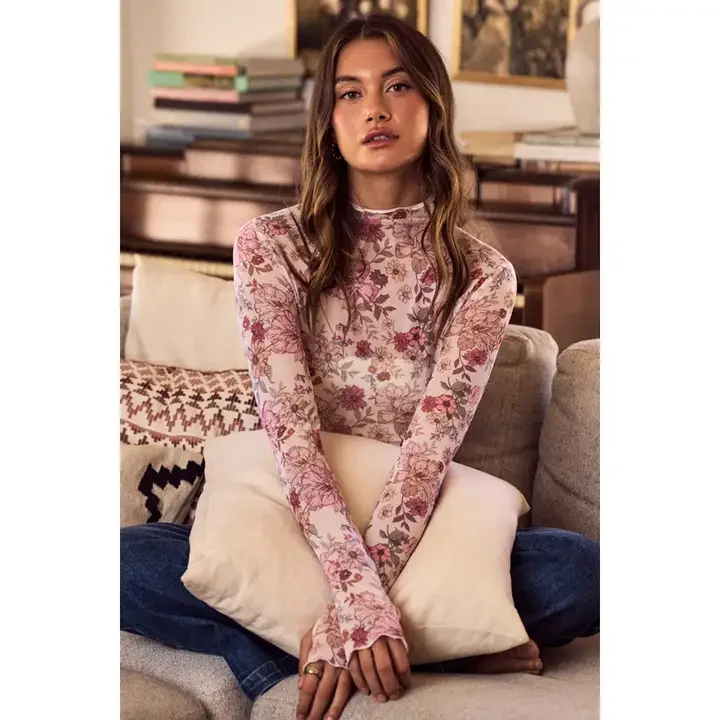 Floral Print Mesh Knit Love Sleeve Top