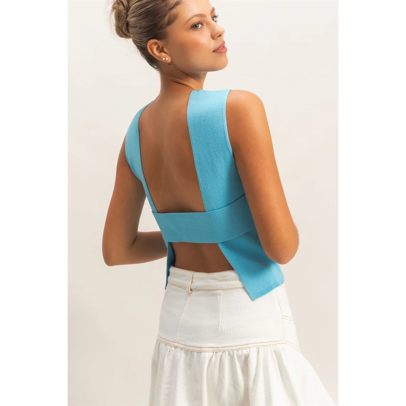 Bright Blue Ribbed Crew Neck Sleeveless Open Back Top