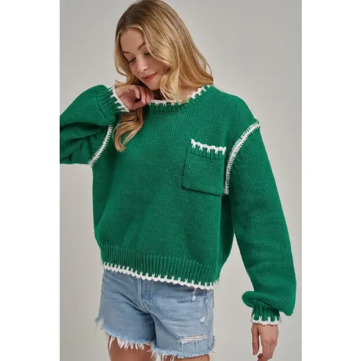Green Sweater with White Stitching