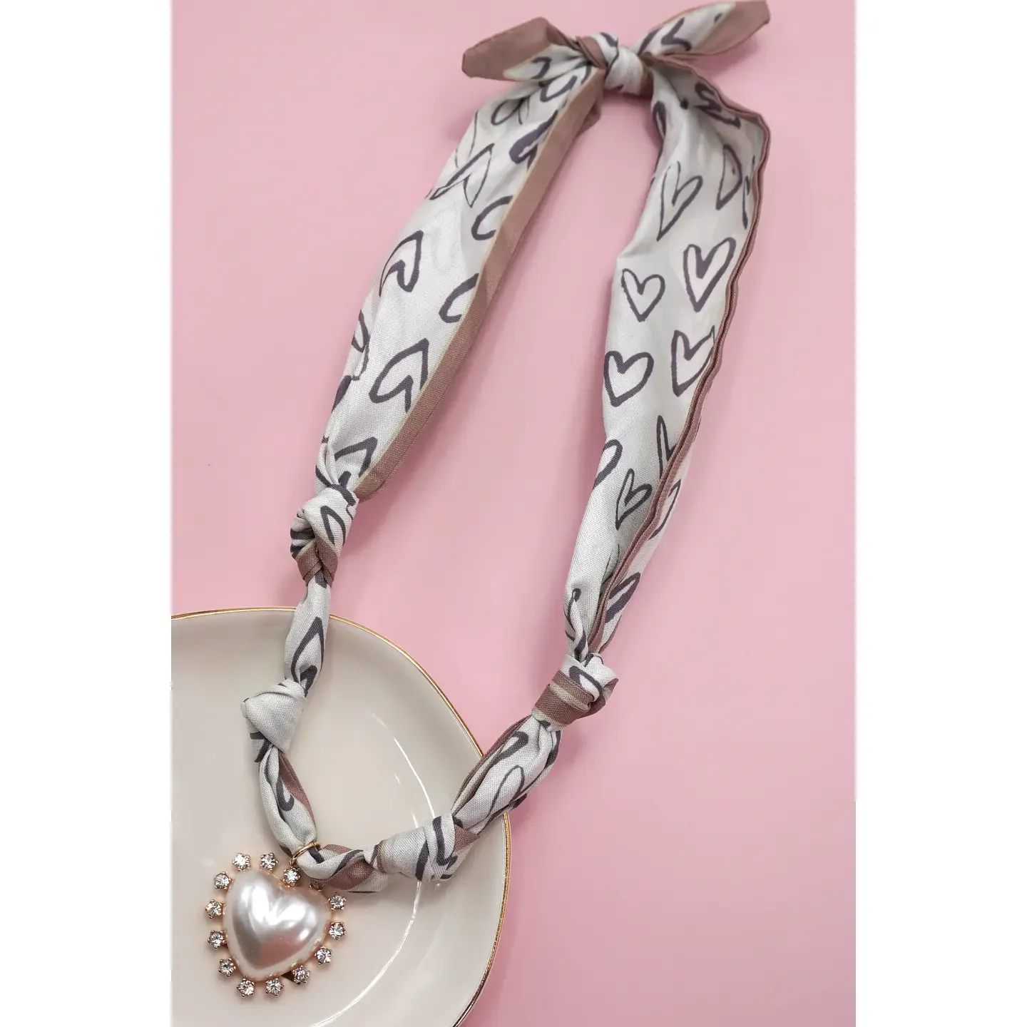 Ivory and Brown Heart Handmade Scarf Necklace