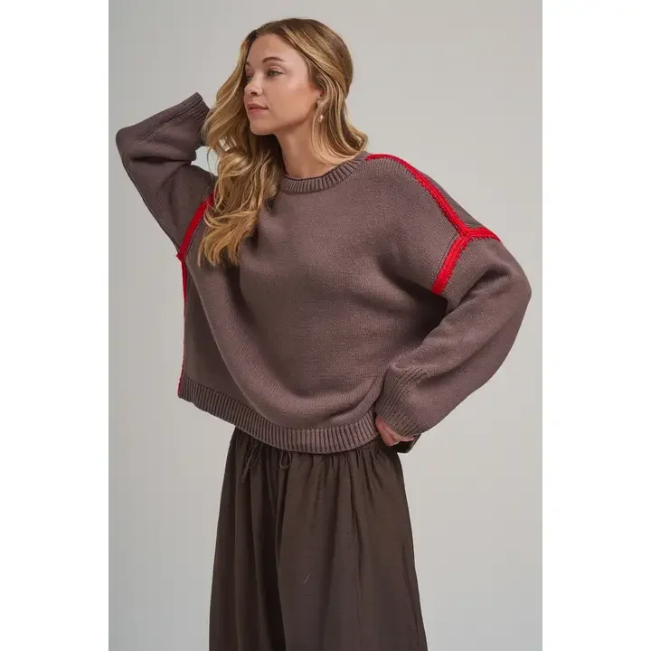 Chocolate Sweater with Red Stitching