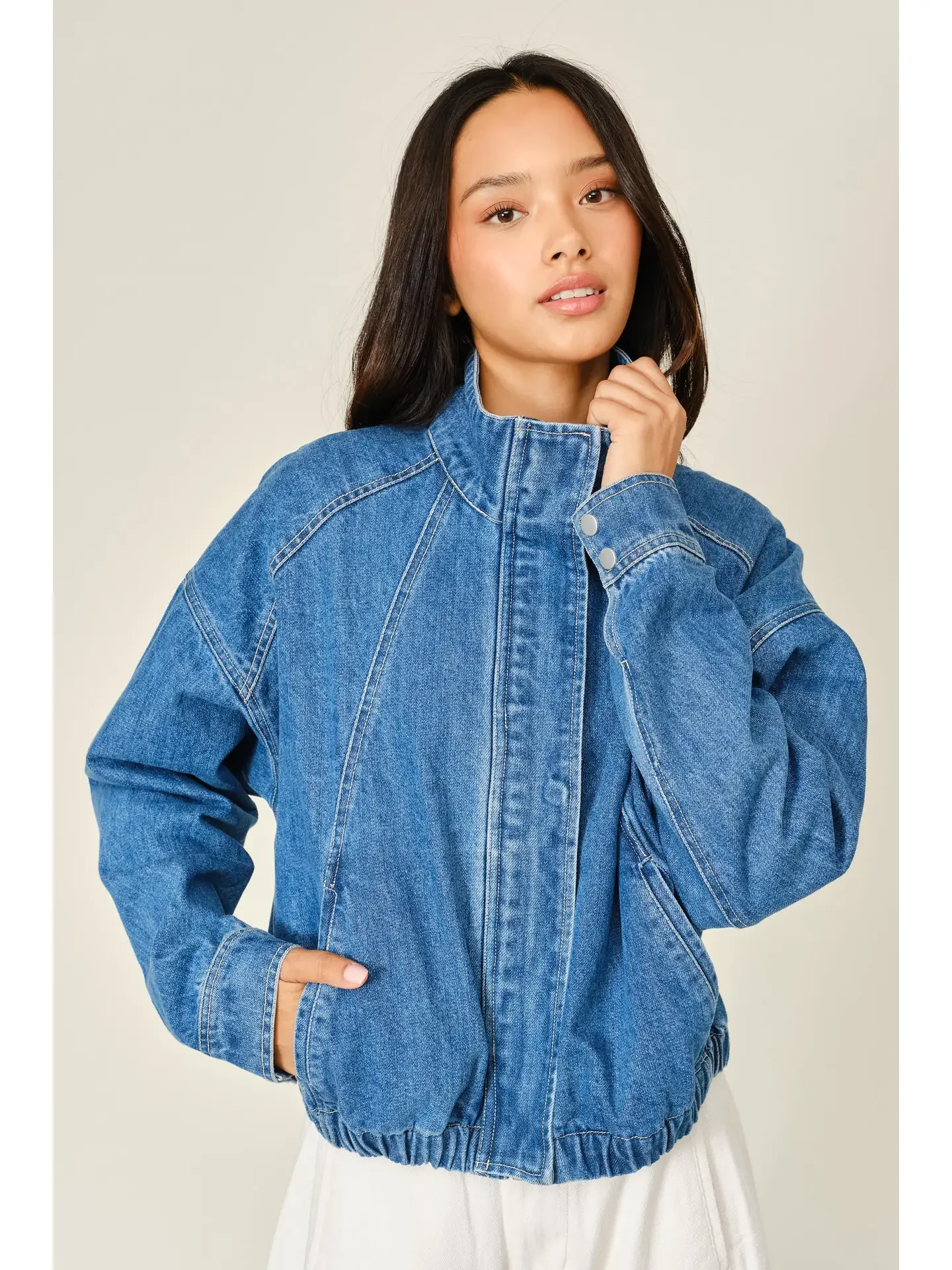Washed Denim Funnel Bomber Jacket