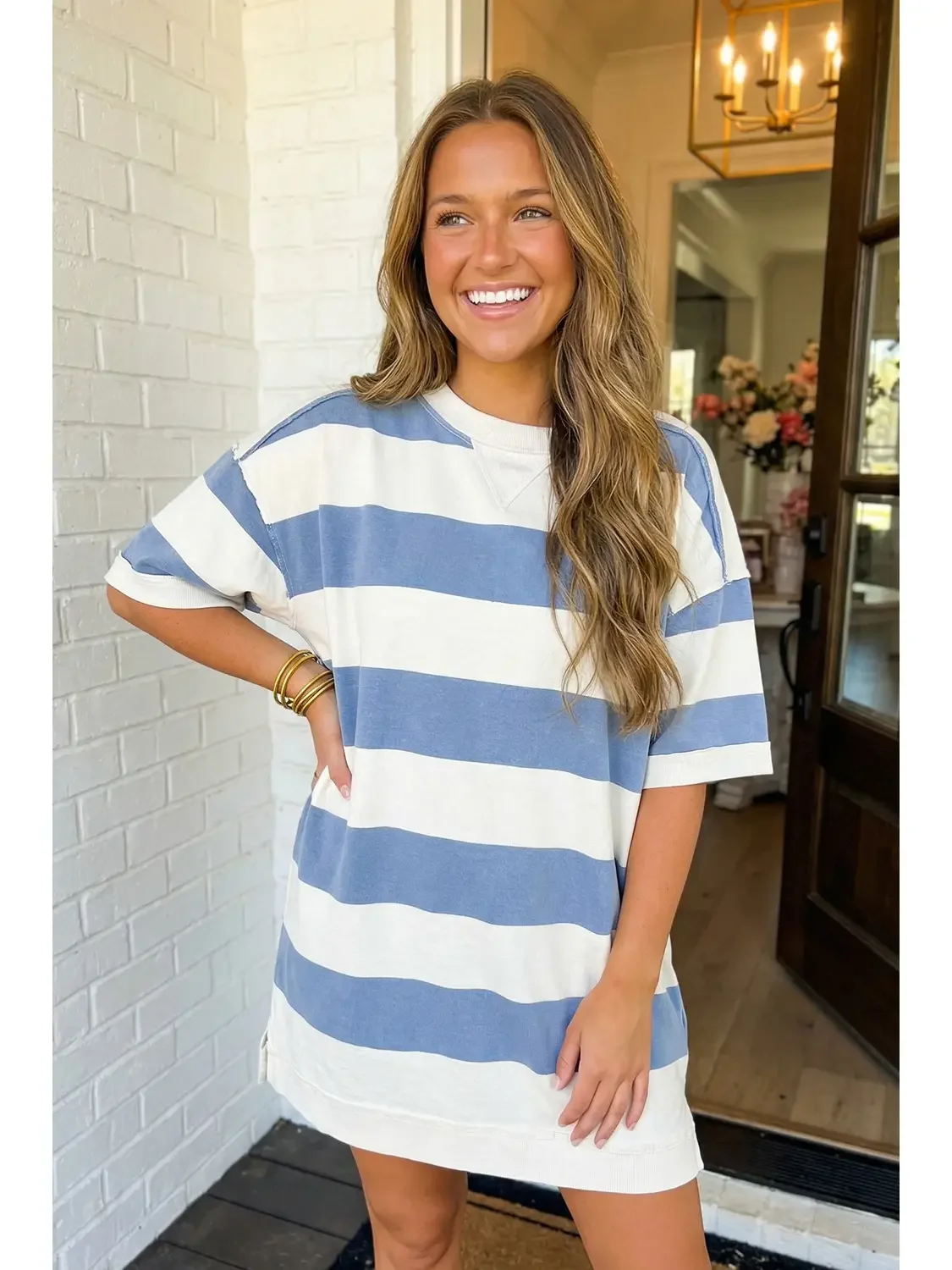 Blue and White Striped T-Shirt Dress
