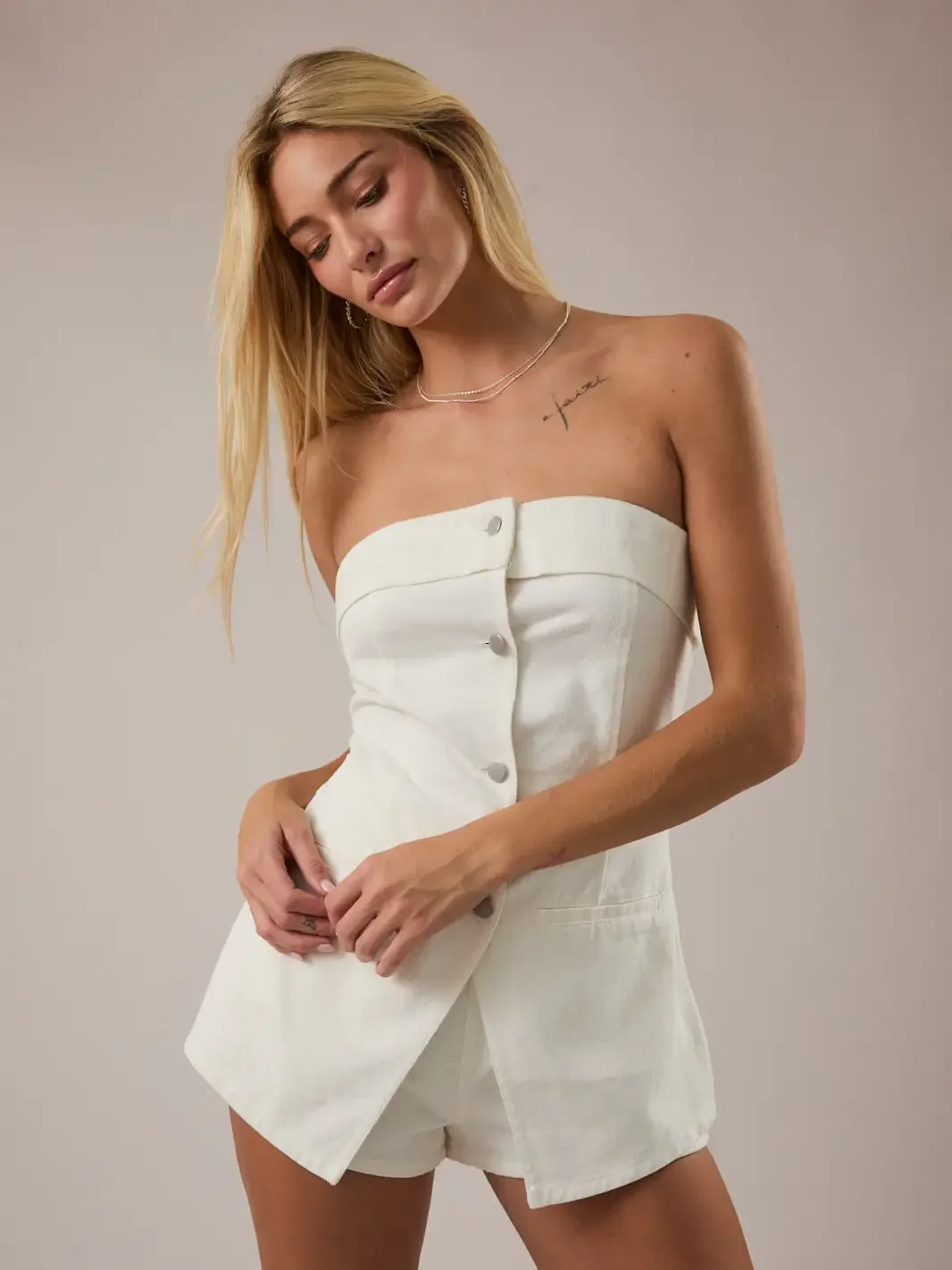 Strapless White Denim Romper
