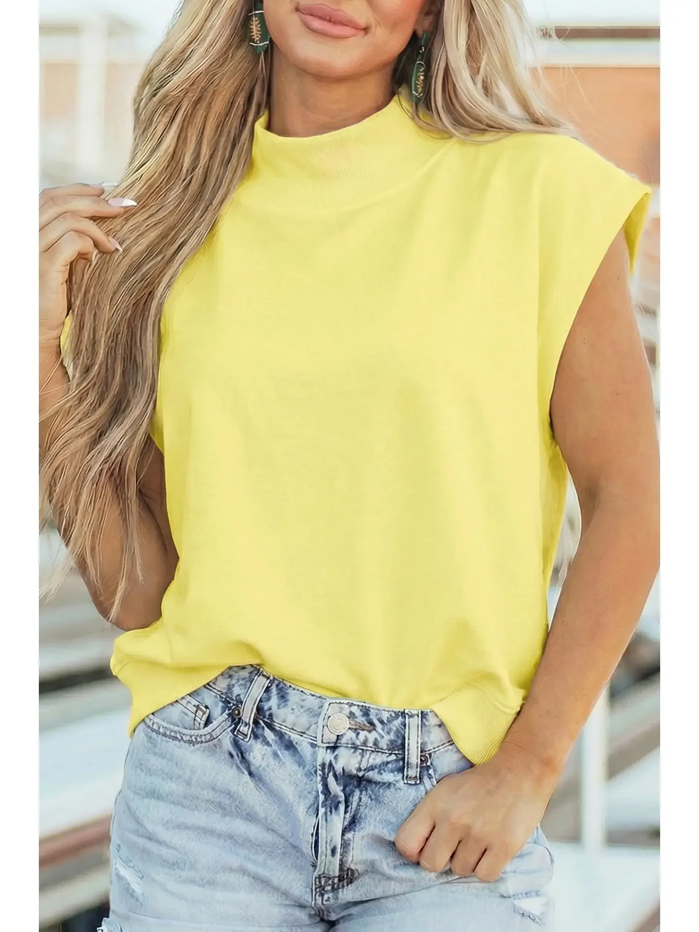 Yellow Mock Neck Cap Sleeve Loose Top