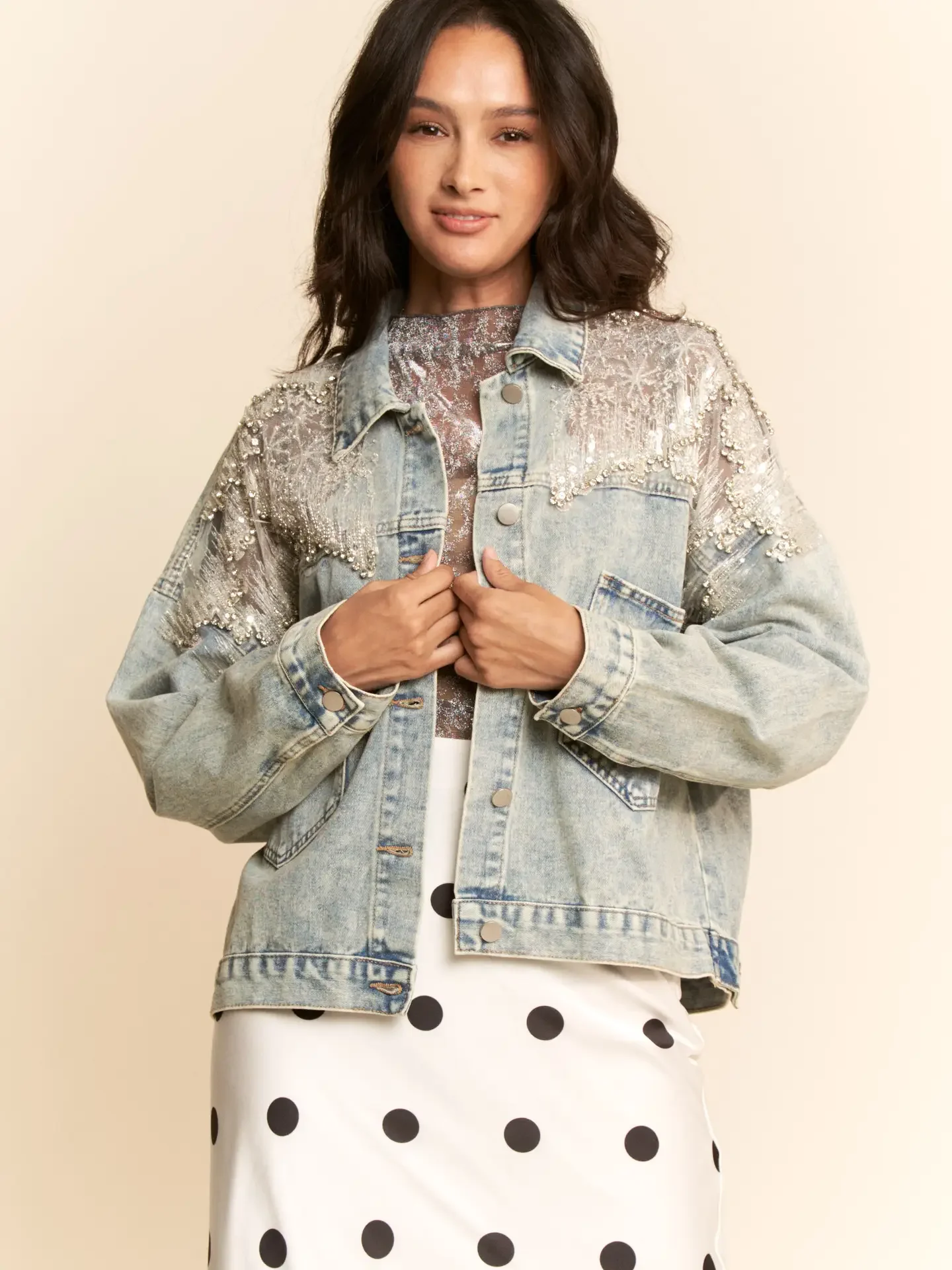 Mesh Stitching Button Down Denim Jacket
