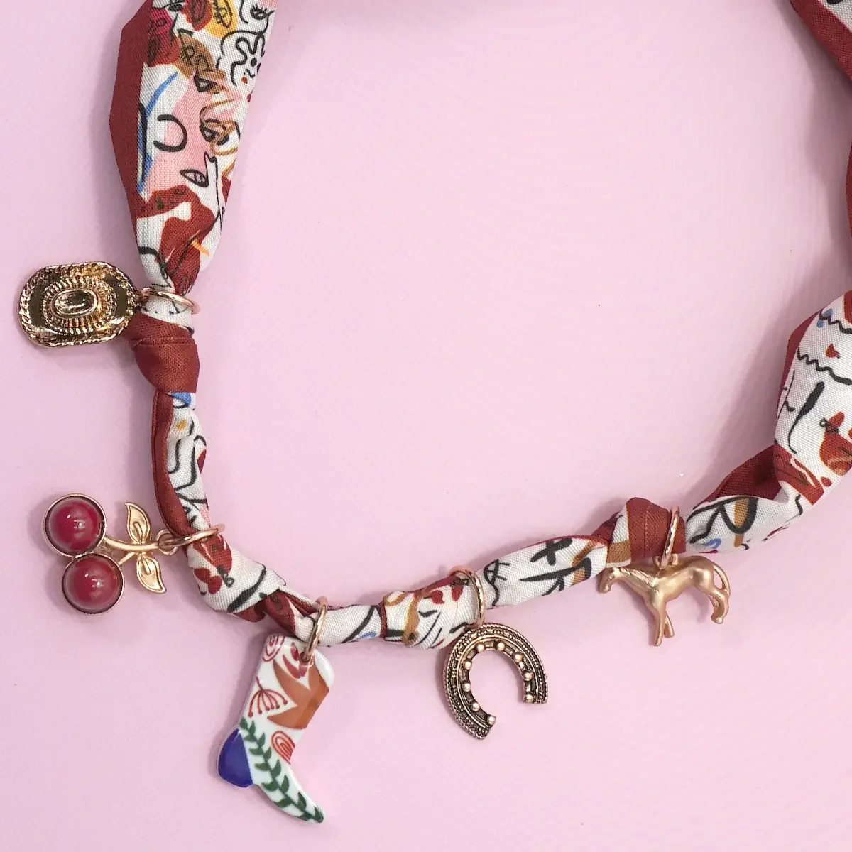 Rust Scarf Charm Necklace-Boot Cherry Horseshoe Hat