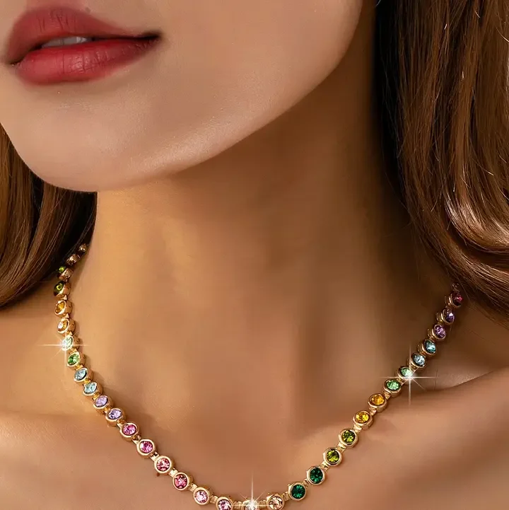 Rainbow Bezel-Set Gemstone Tennis Necklace