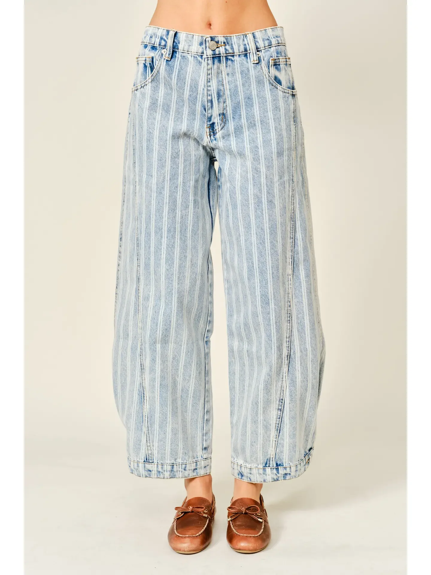 Striped Denim Balloon Washed Jeans