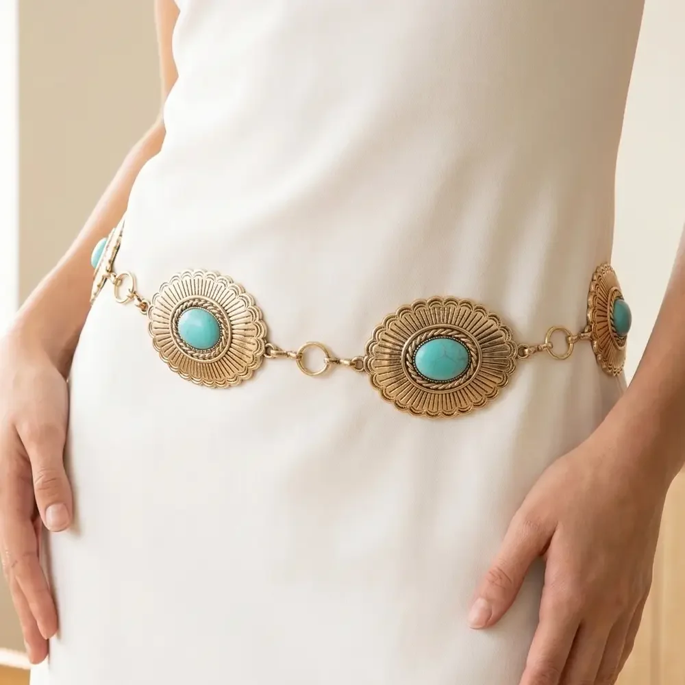 Sunburst Turquoise Concho Wide Chain Belt--Gold