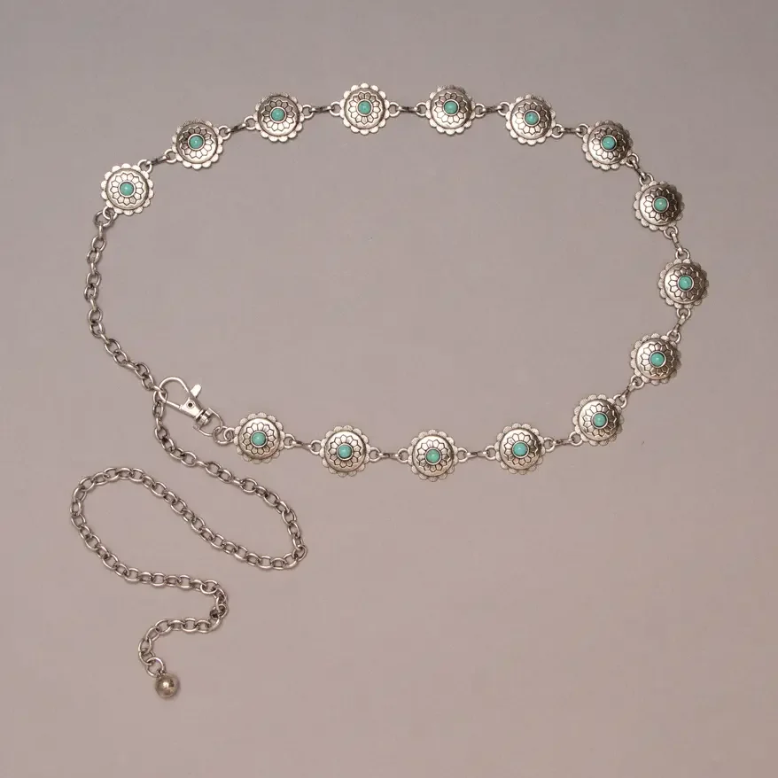 Western Floral Turquoise Concho Chain Belt--Silver