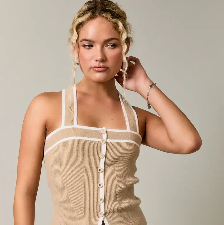 Tan White Criss Crossed Tank
