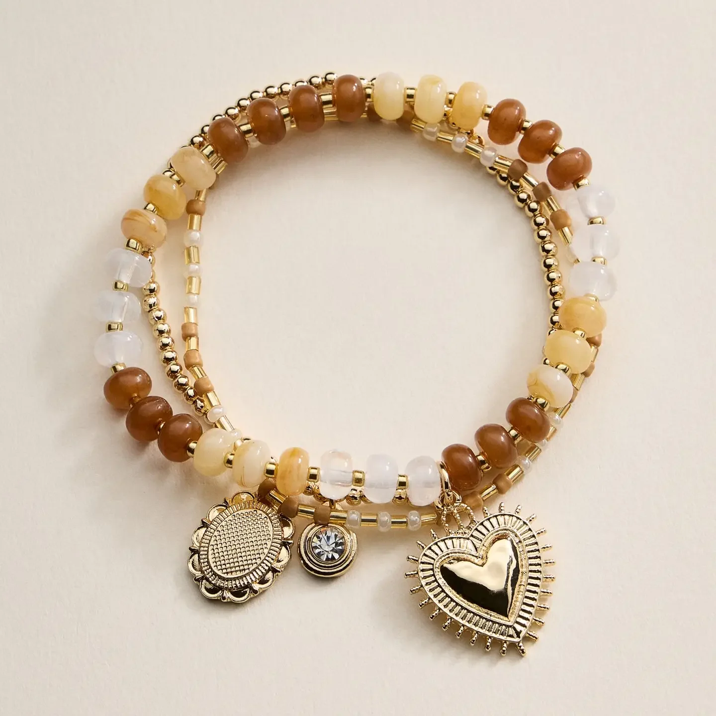 Beaded Heart Charm Stretch Bracelet Set | 3-Piece Layered Stack with Gold Accents