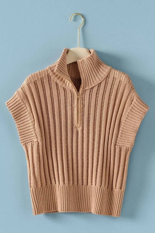 Ribbed Knit Half-Zip Mock Neck Sweater Vest