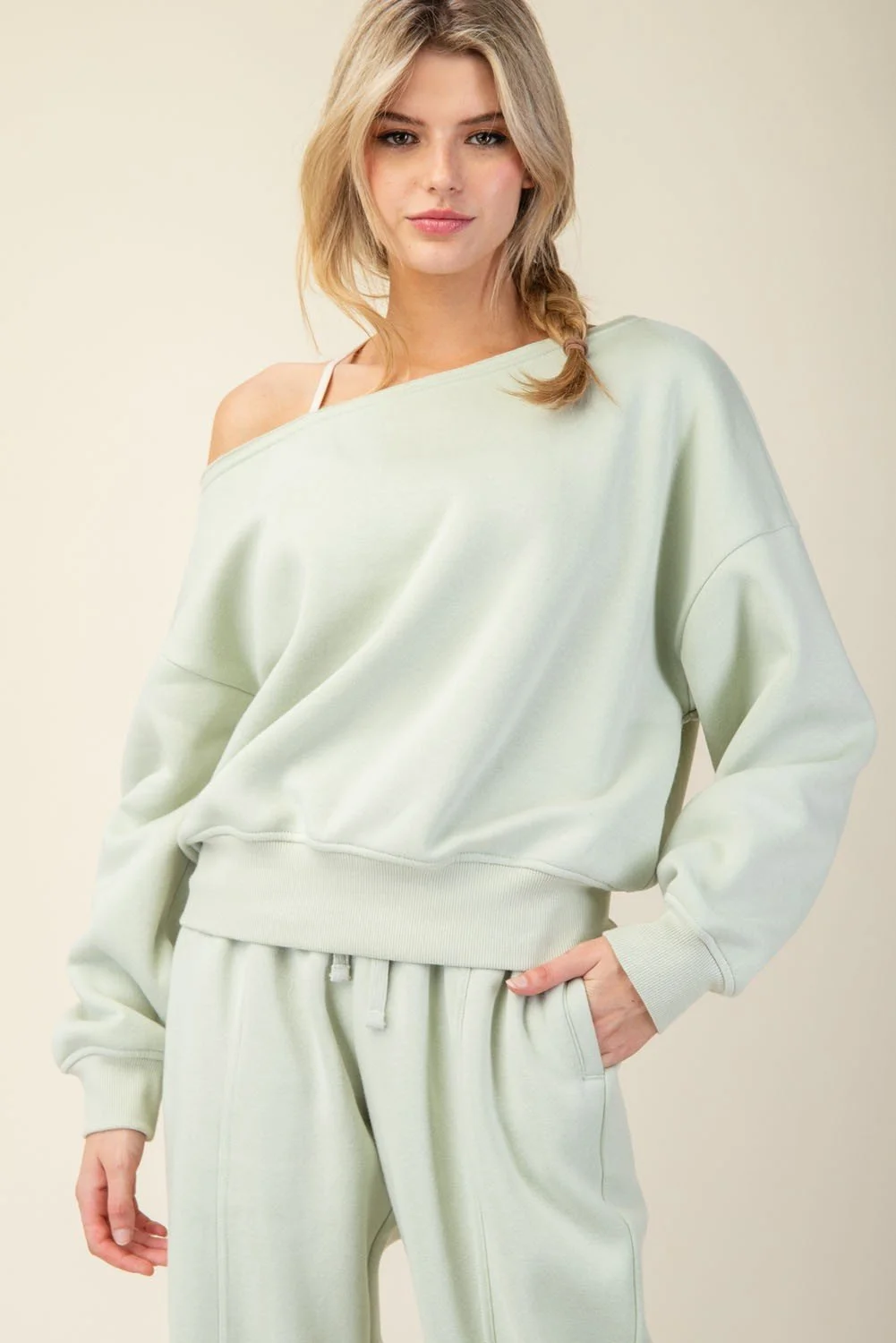 French Terry Fleece Off Shoulder Top--Eucalyptus