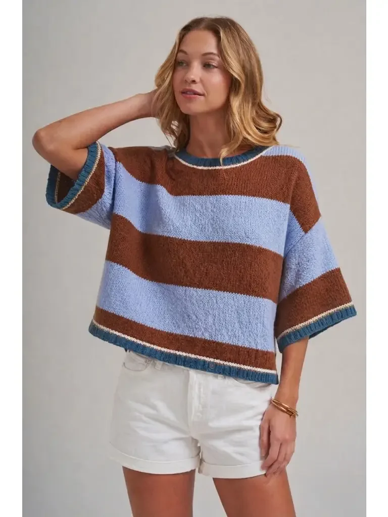 Wide Stripe Loose Fit Drop Shoulder Sweater--Chocolate and Periwinkle