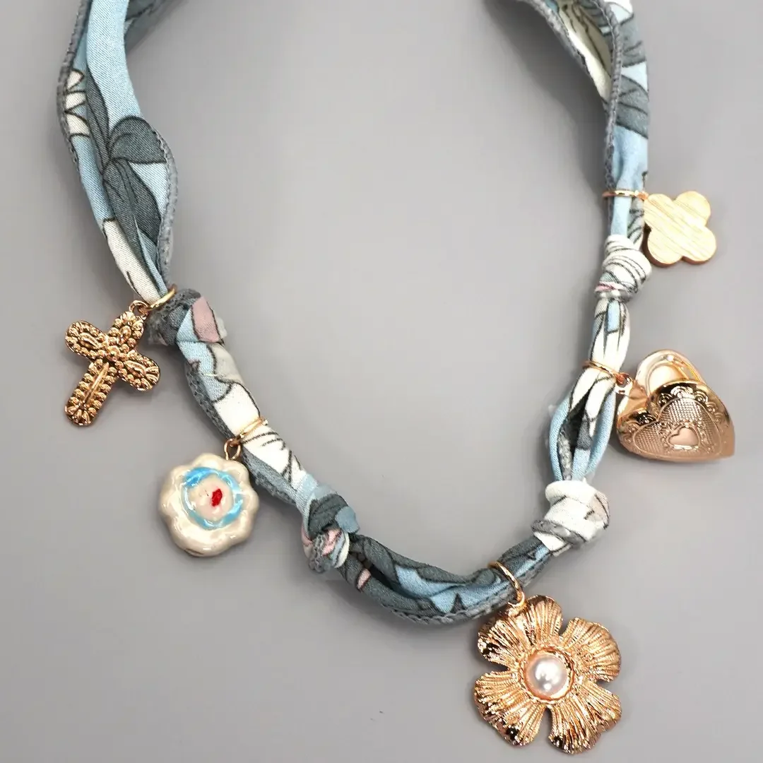 Light Blue Scarf Charm Necklace-Flower Cross Ceramic Floral
