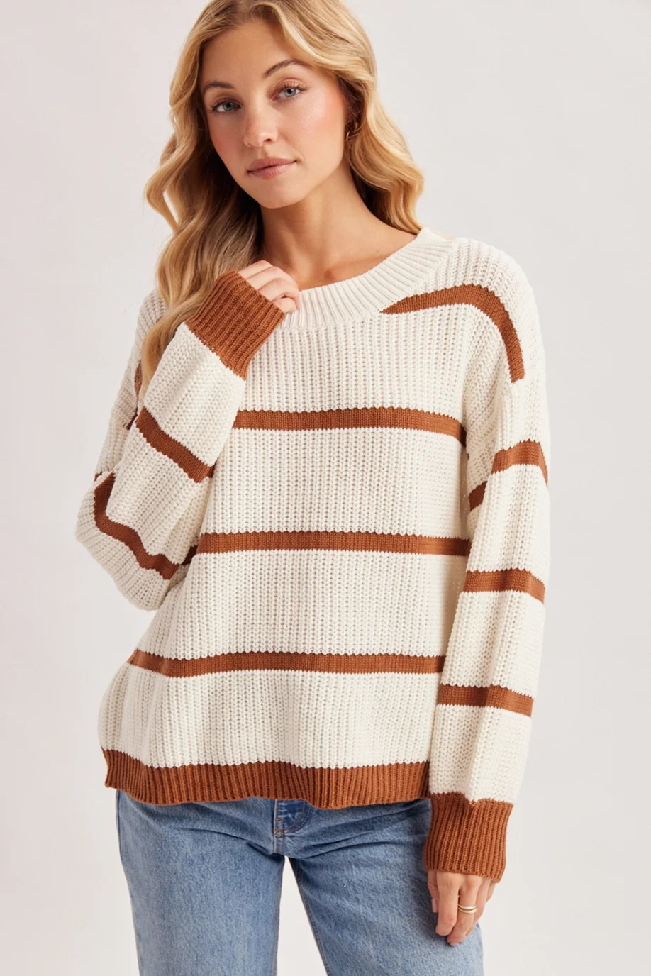 Slouchy One Shoulder Off Stripe Oversized Knit Sweater-Ivory and Brown