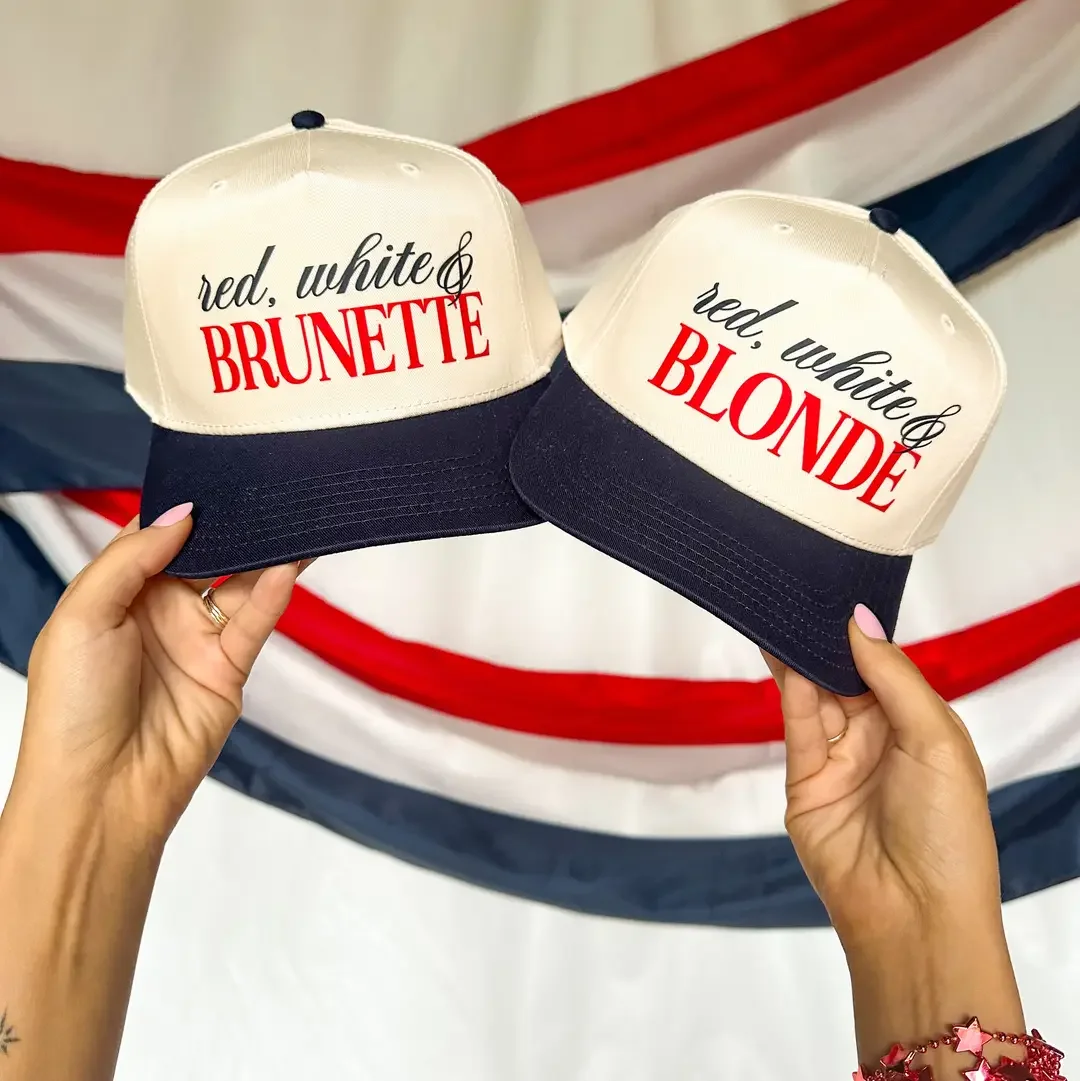 Red, White, & Brunette Cream/Navy Canvas Trucker