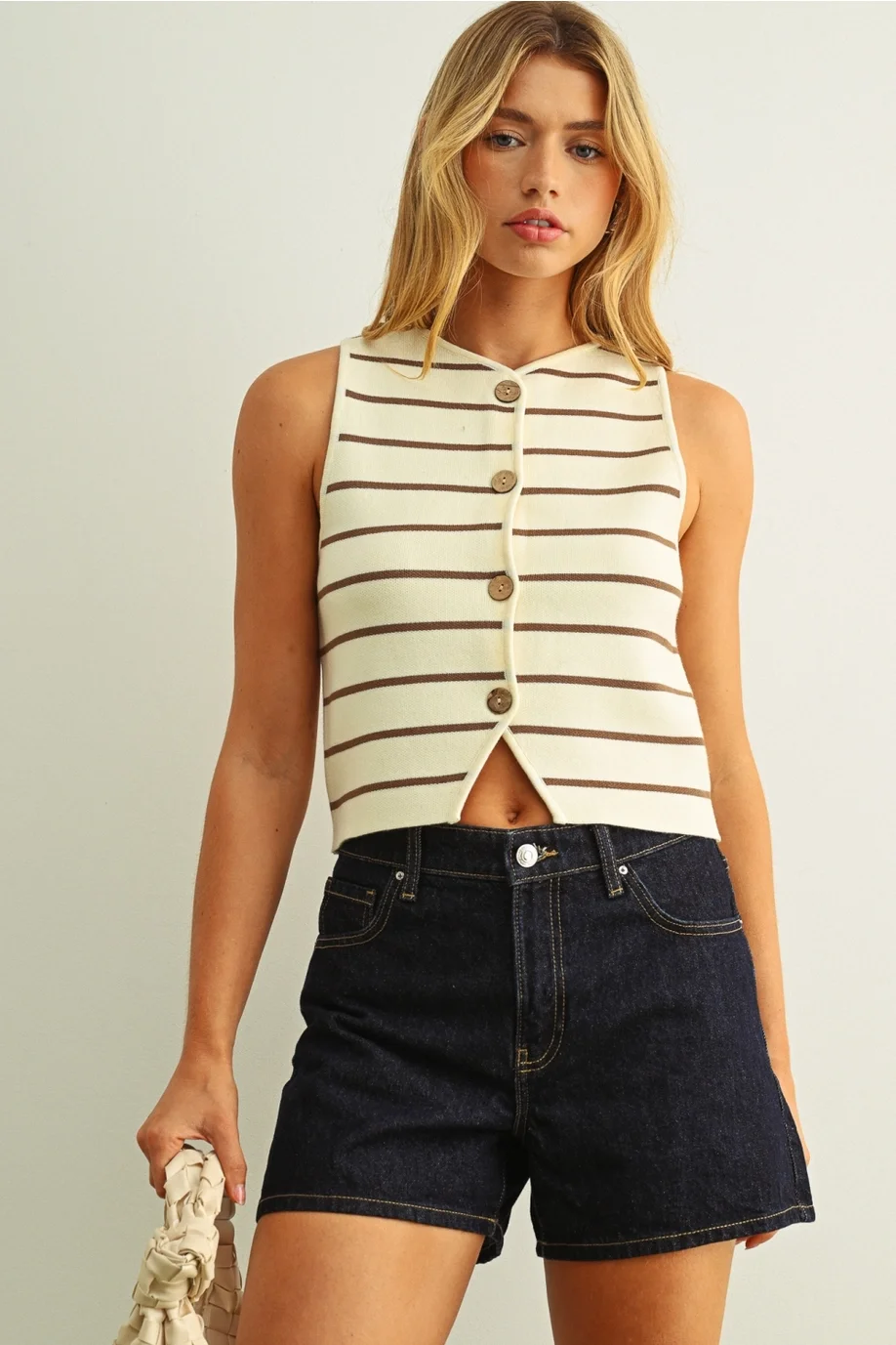 Metal Button Detail Striped Pattern Knitted Vest
