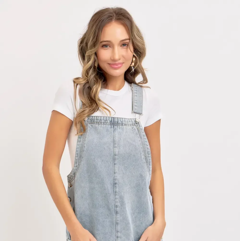 Denim Overall Mini Dress with Patch Pockets