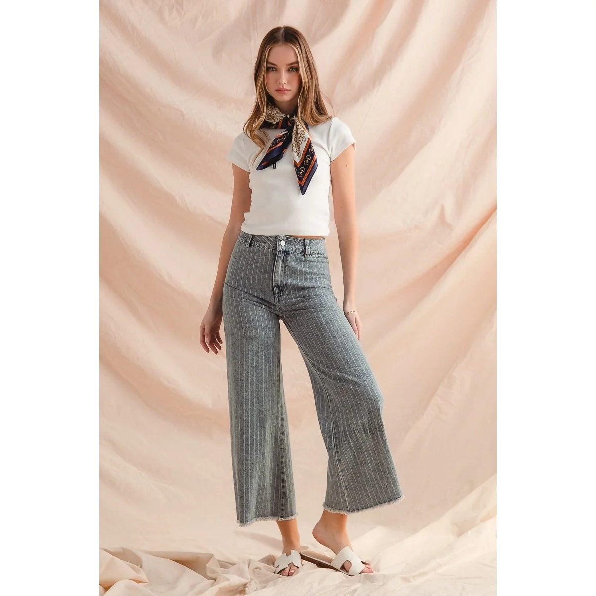 Washed Striped Denim Frayed Hem Pants