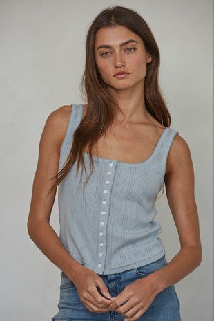 The Pointelle Buttondown Tank Top--Dusty Blue
