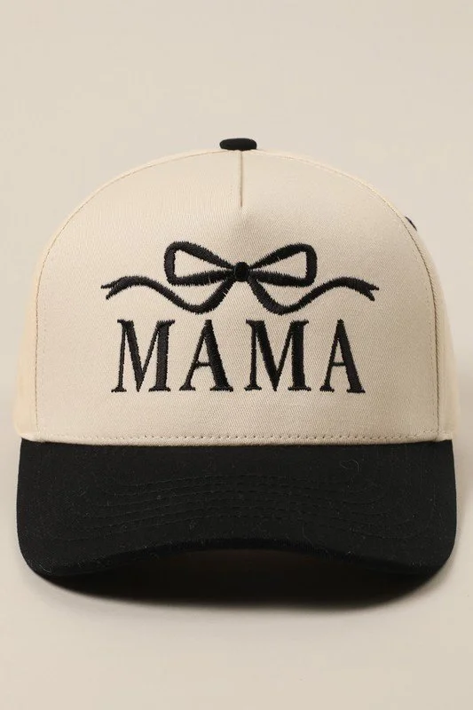 Cap with the word "MAMA" and a bow design embroidered on the front.