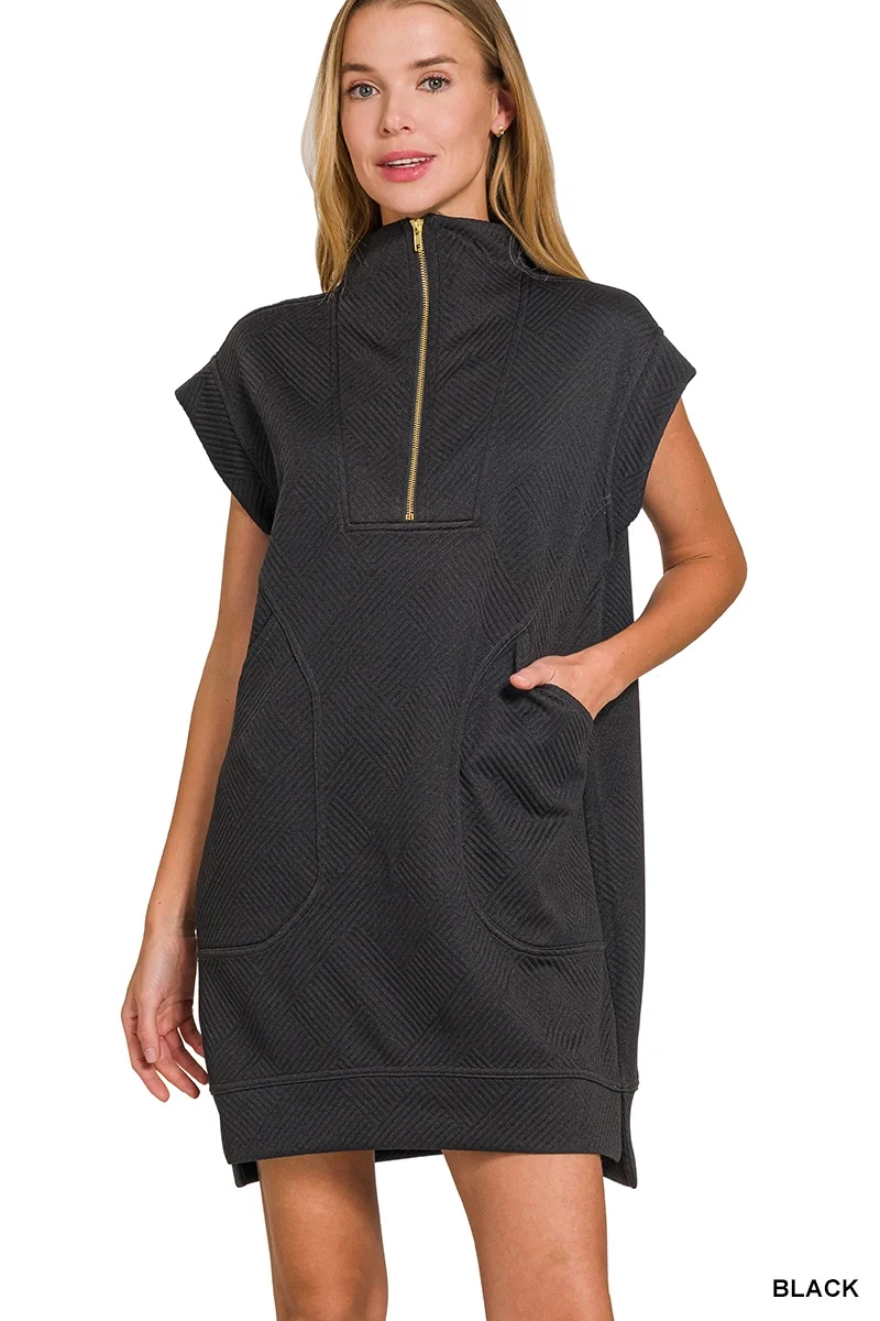 Black Textured Knit Jacquard Quarter Zipper Mini Dress