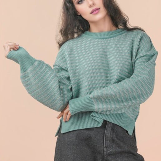 Two Tone Textured Knit Casual Sweater Top