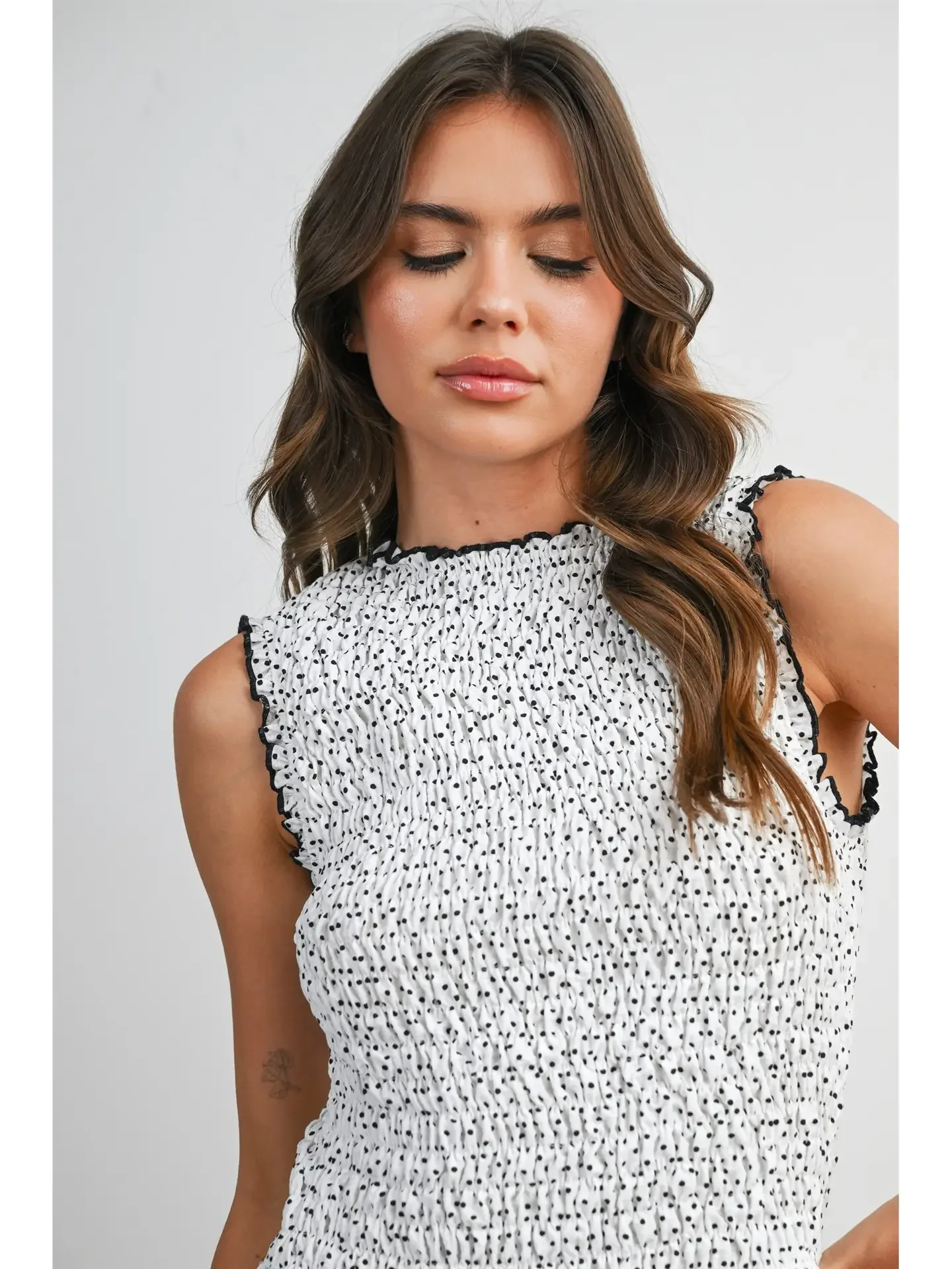Black and White Polka Ruched Ribbon-Back Blouse