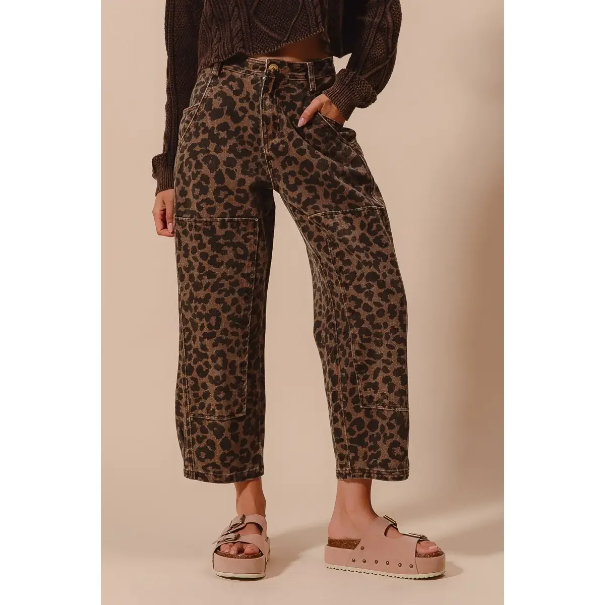 Two Toned Leopard Print Twill Mid Rise Wide Pants