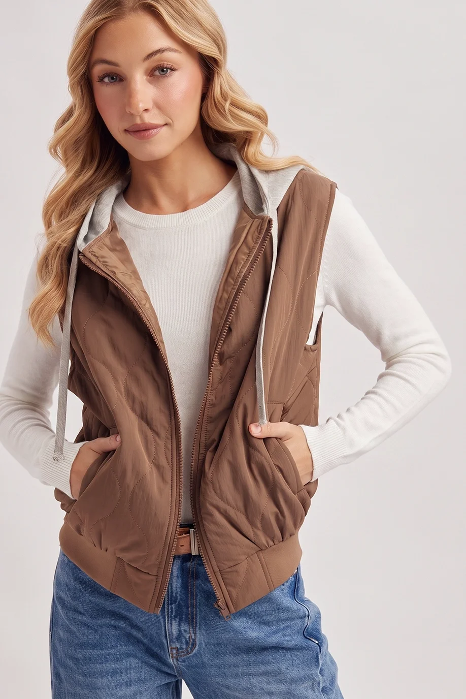Brown Zipper Front Quilted Puffer Vest Contrast Hoodie Vest