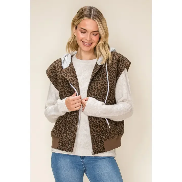 Leopard Print Vest with Hood