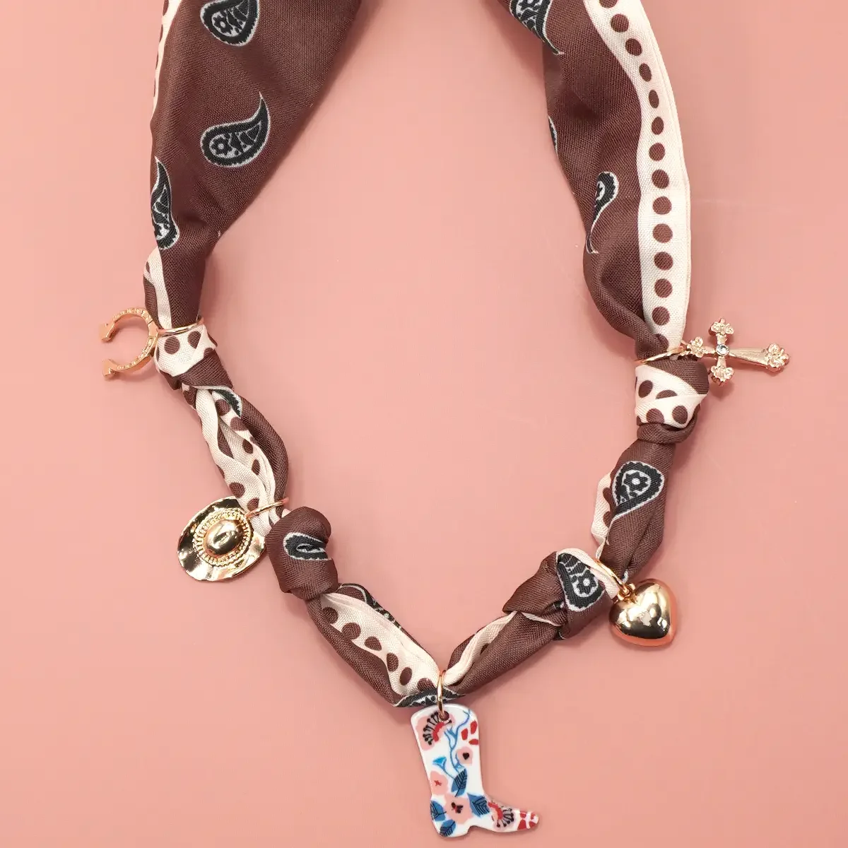 Dark Brown Scarf Charm Necklace-Boot Hat Cross Horseshoe