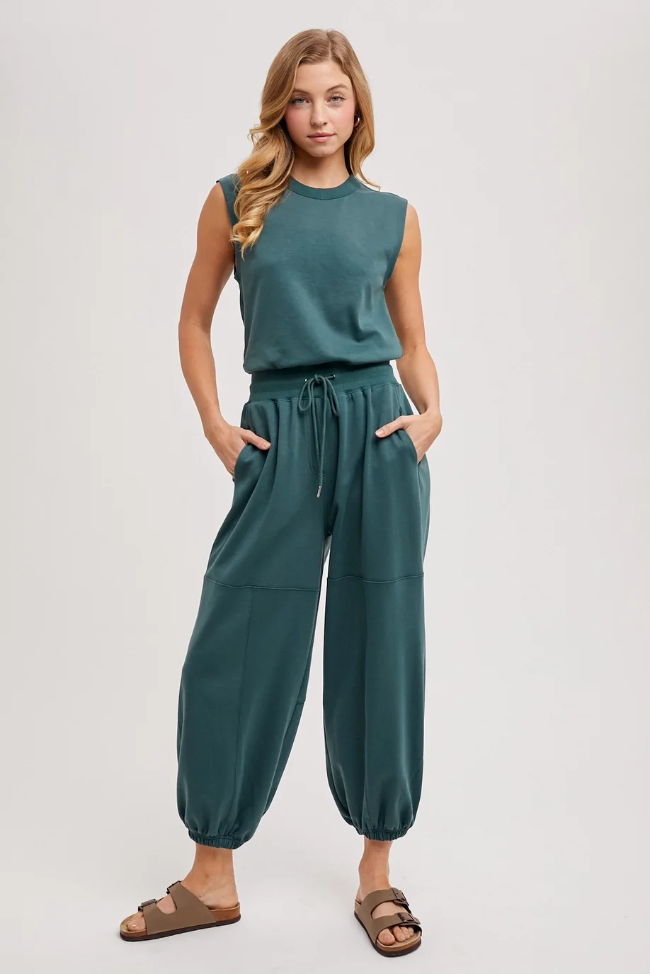 Hunter Green Drawstring Waist Sleeveless Knit Active Jumpsuit