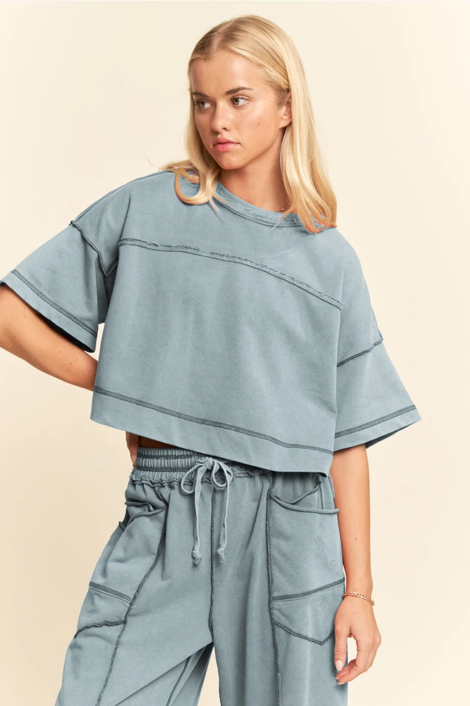 Blue Mineral-Wash Boxy Top & Barrel Pants Set