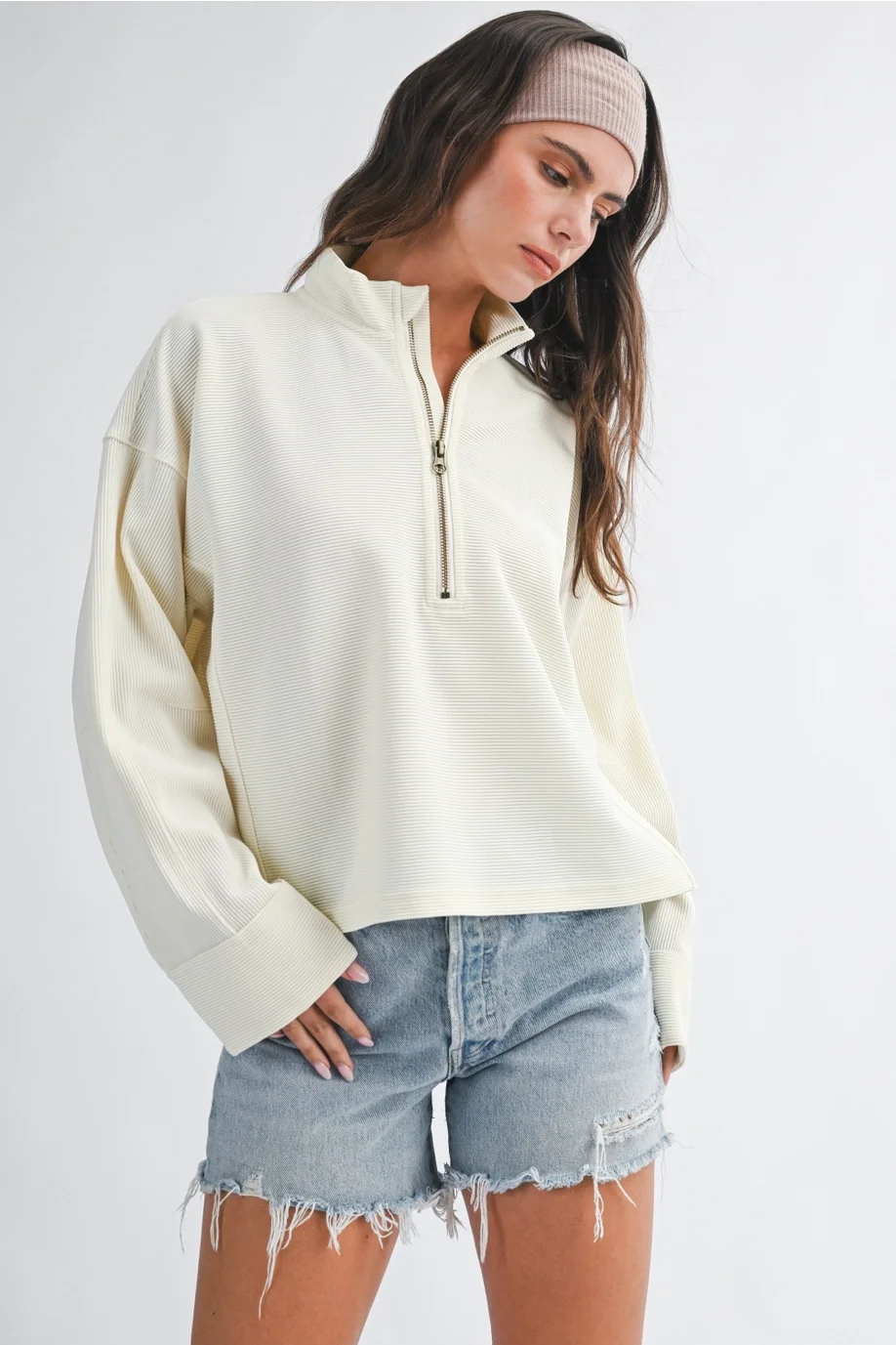 Ivory Ribbed Half Zip Cropped Pullover
