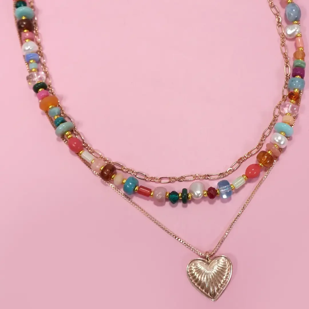 Multi Layered Beaded Heart Charm Necklace