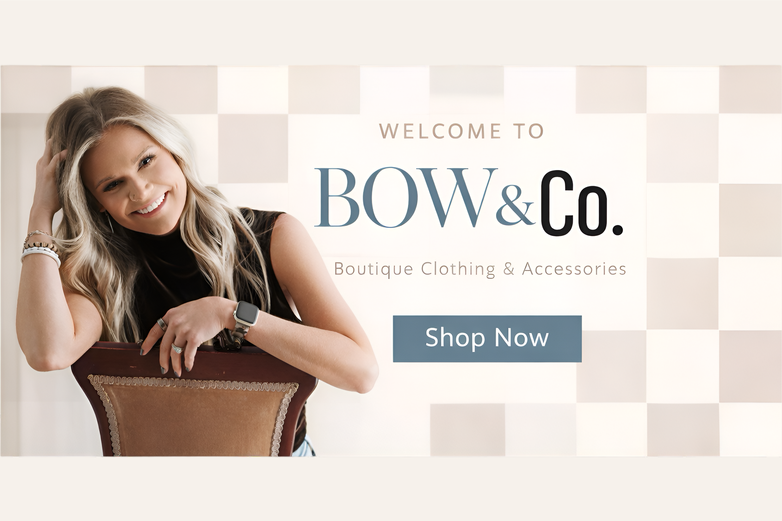 A woman with long blonde hair smiling and leaning on a chair, promoting BOW & Co., a boutique clothing and accessories store with a 'Shop Now' button.