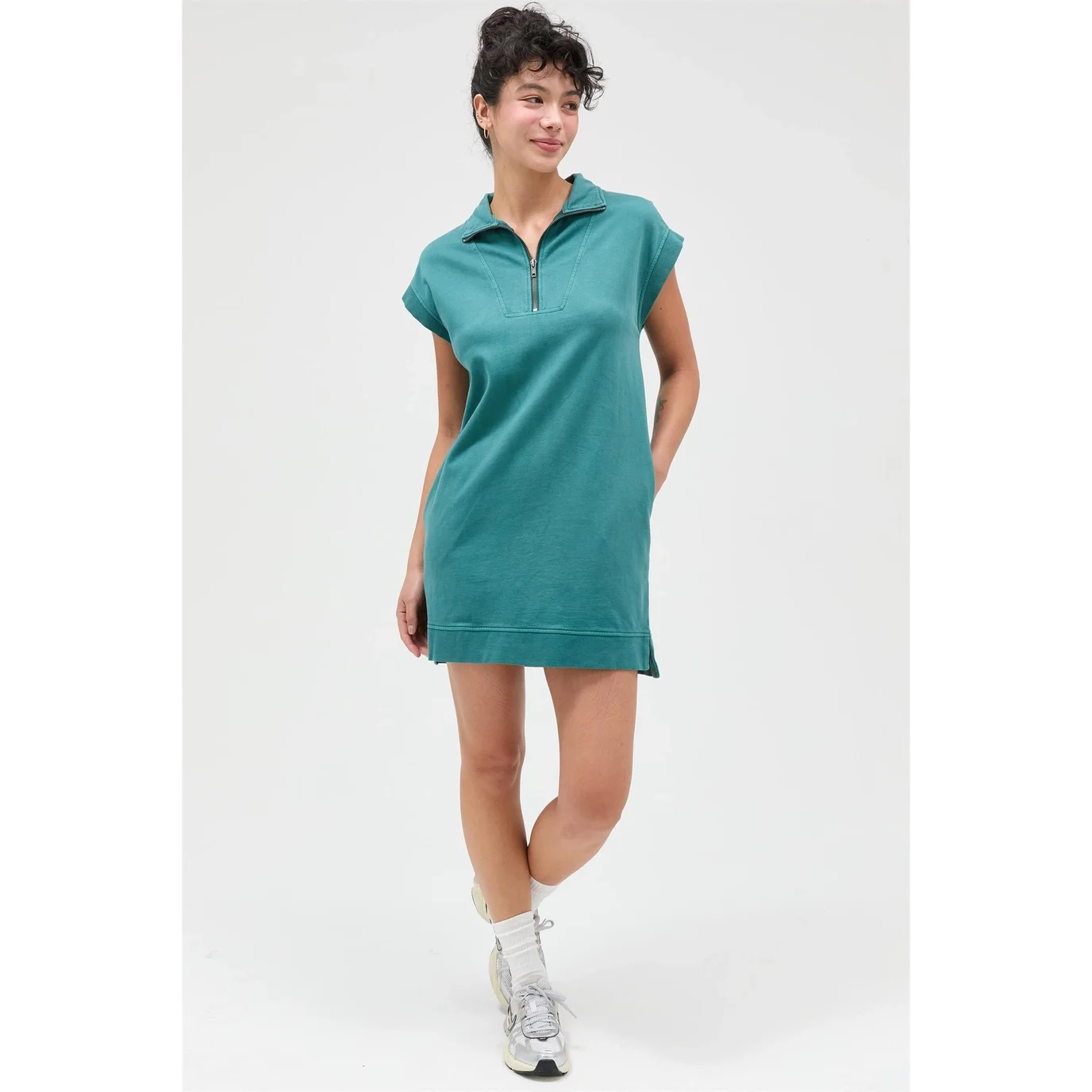Dark Teal Half Zip Up Mock Neck Mini Dress