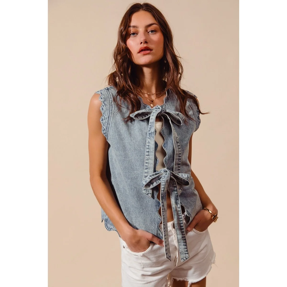 Tie Front Washed Denim Vest Top with Scalloped Edges