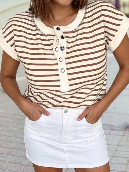 Half Buttons Round Neck T Shirt: Khaki Stripe