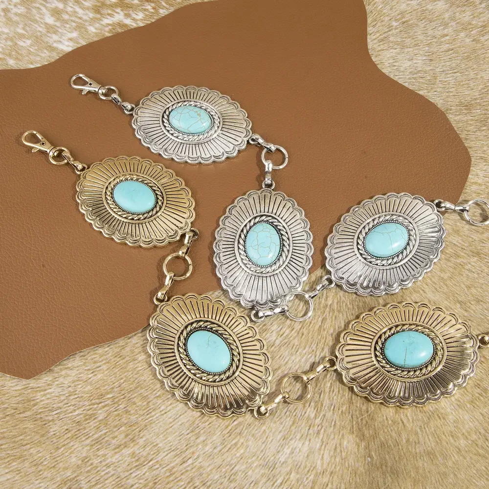 Sunburst Turquoise Concho Wide Chain Belt--Silver
