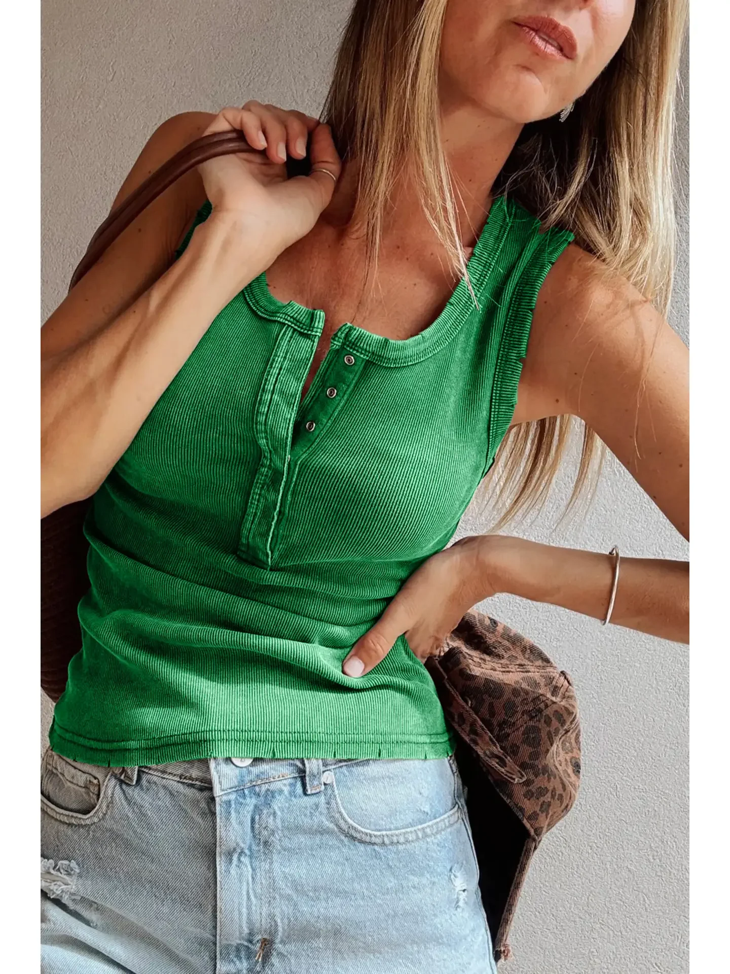 Vintage Distressed Ribbed Mineral Wash Bright Green Tank Top