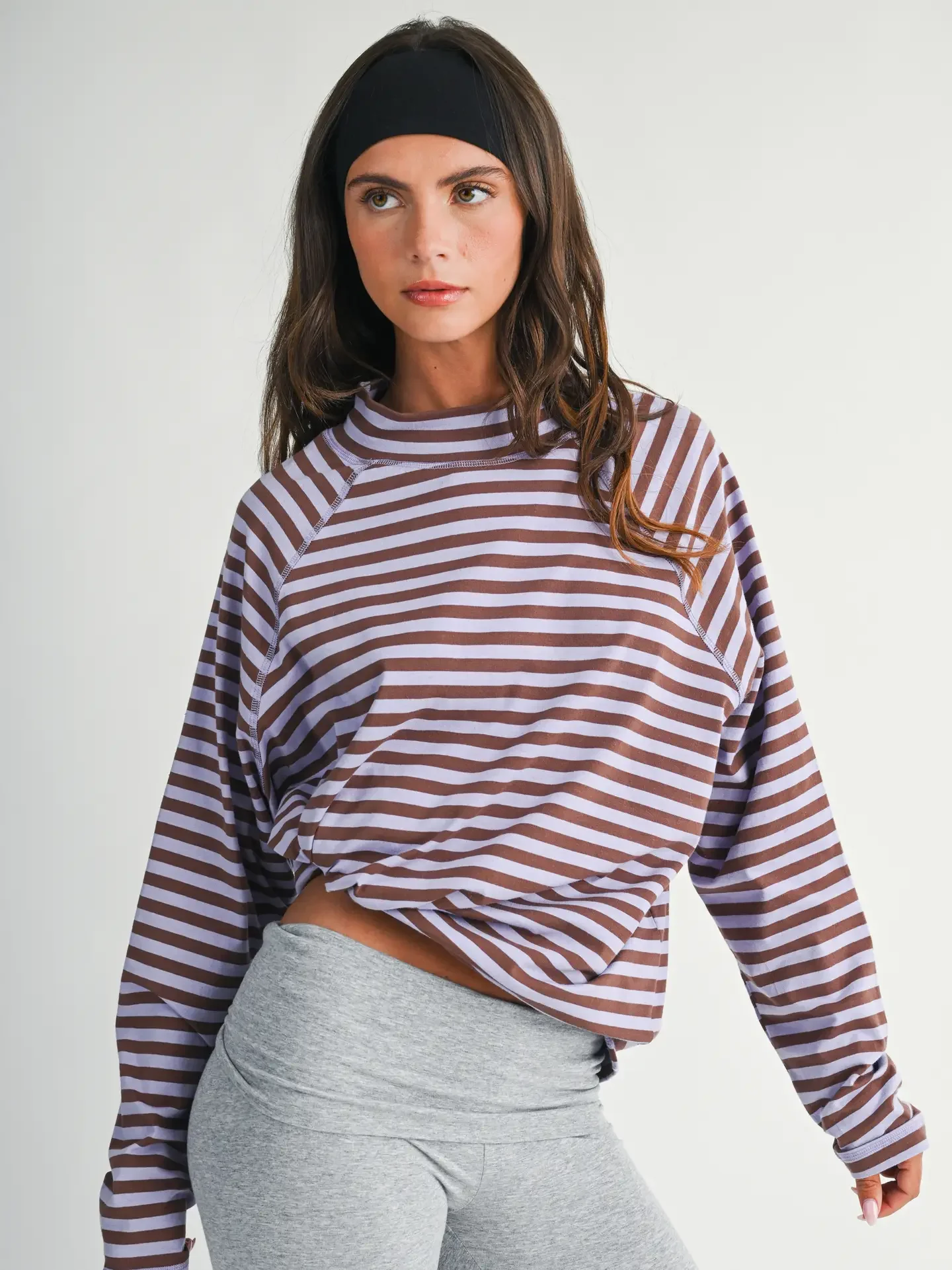 Mock Neck Yarn-Dyed Striped Oversized Long Sleeve Tee--Purple/Brown