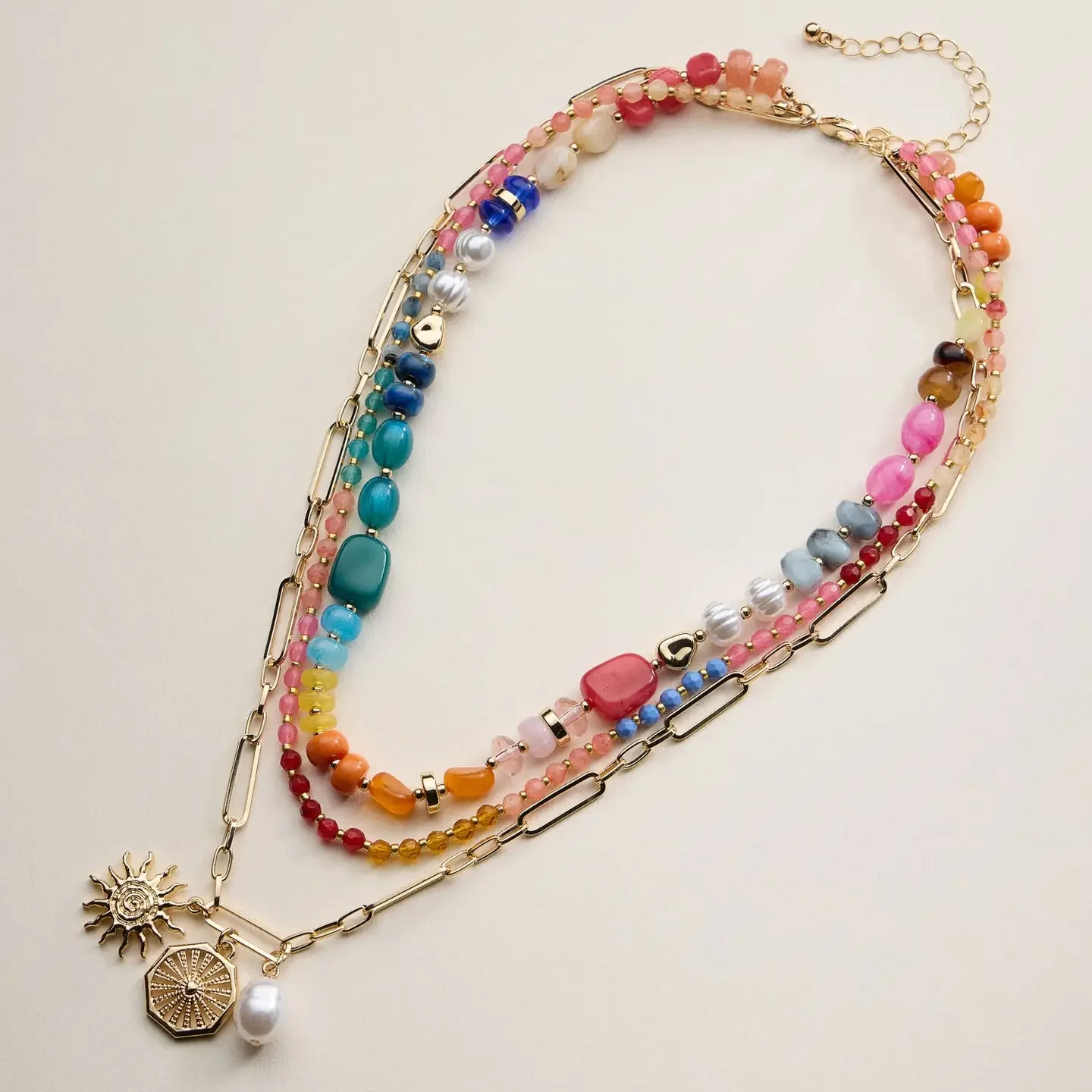 Sun Charm Layered Beaded Necklace | Pearl Pendant Necklace