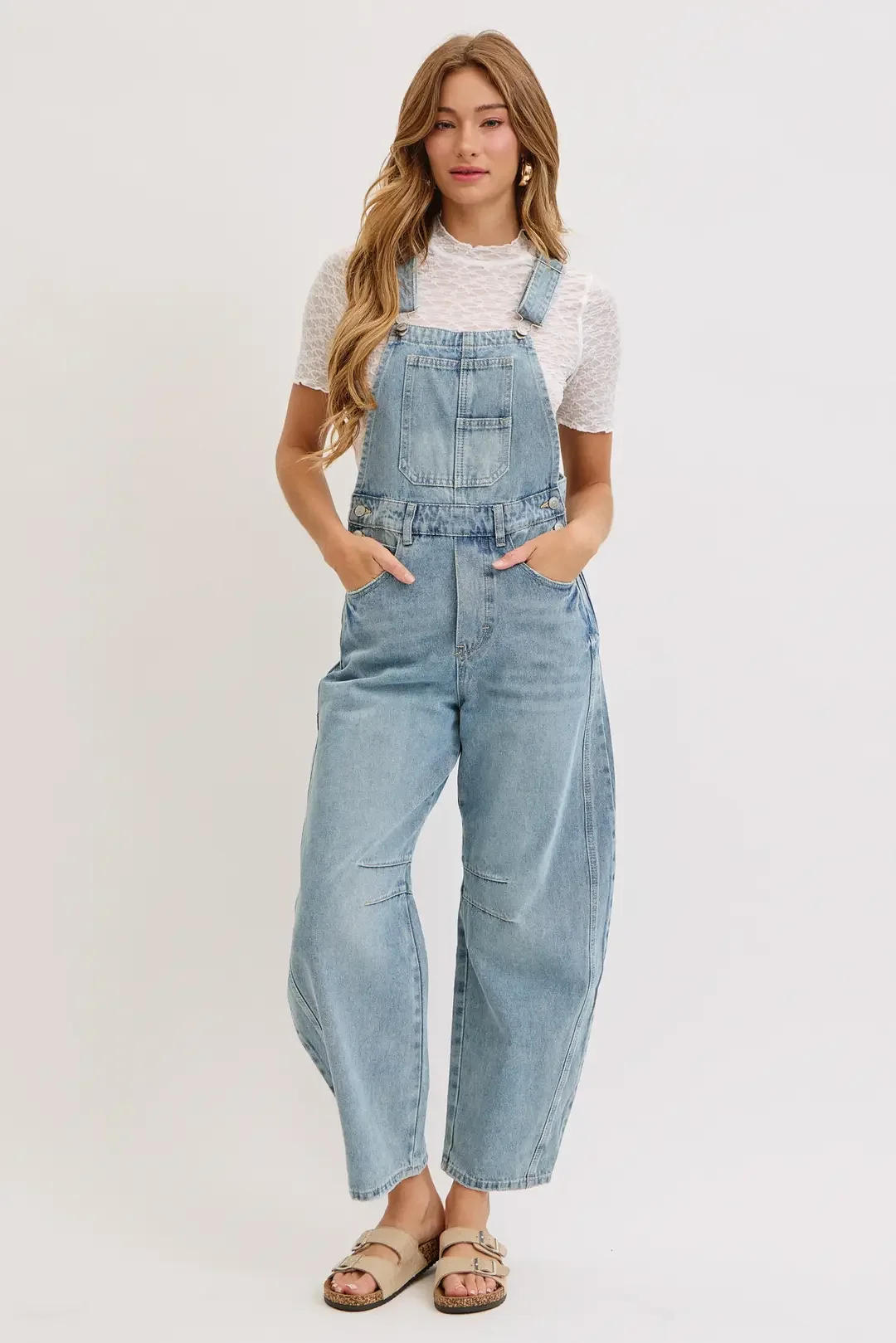 Barrel-Leg Denim Overall Jumpsuit