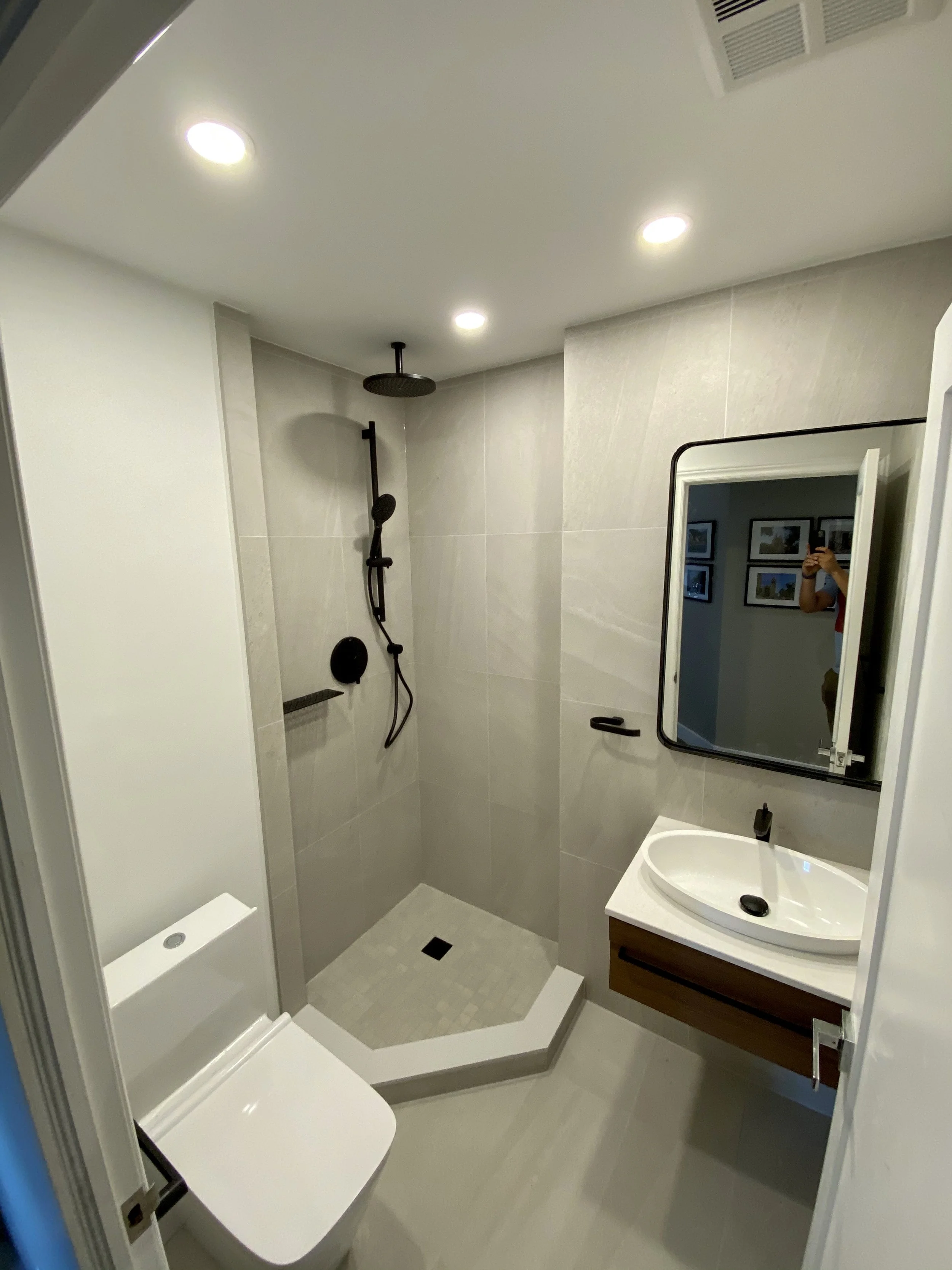 Modern bathroom with walk-in shower, white toilet, and floating vanity with sink, mirror, and framed wall art.